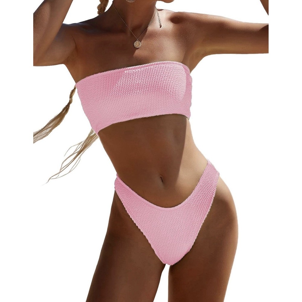 YIMISAN Women's LARGE Pink Bandeau Swimsuit Ribbed Strapless Tube Bikini Cheeky